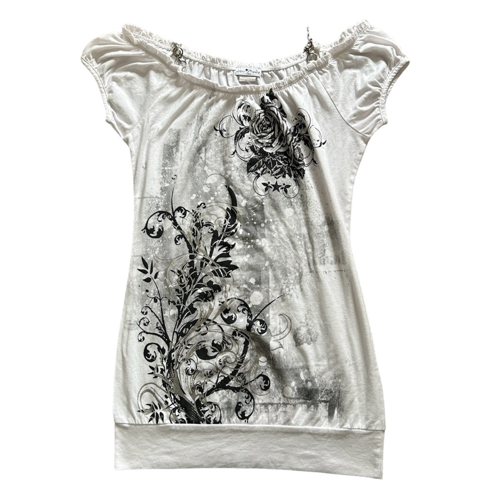 Y2K White and Grey Graphic Rhinestone Off the Shoulder Tunic/Top - Picture 3 of 7